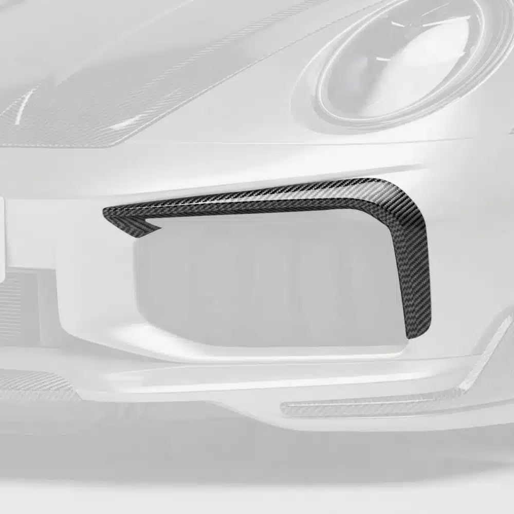 TECHART 992.2 Turbo S Air Frames in Glossy Carbon Installed on White 992.2 Turbo S Cabrio - Close Front Side View of Left Air Frame, Air Frame highlighted