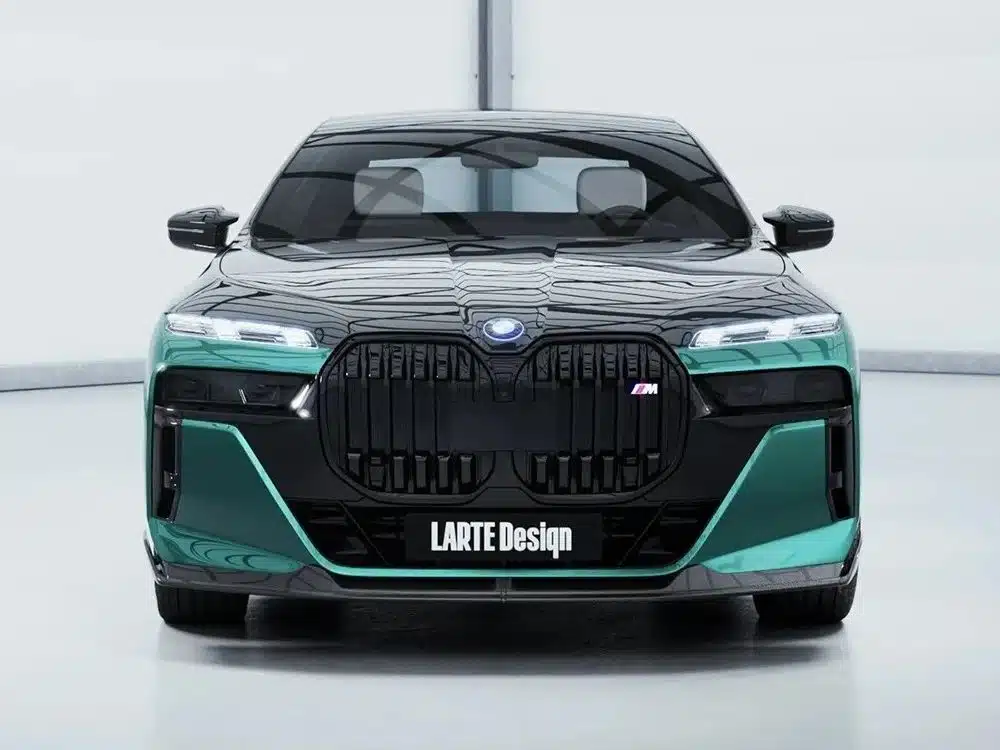 LARTE Design G70 760i Bumper Splitters in Carbon Fiber, Installed on Green G70 760i - Front View of Car