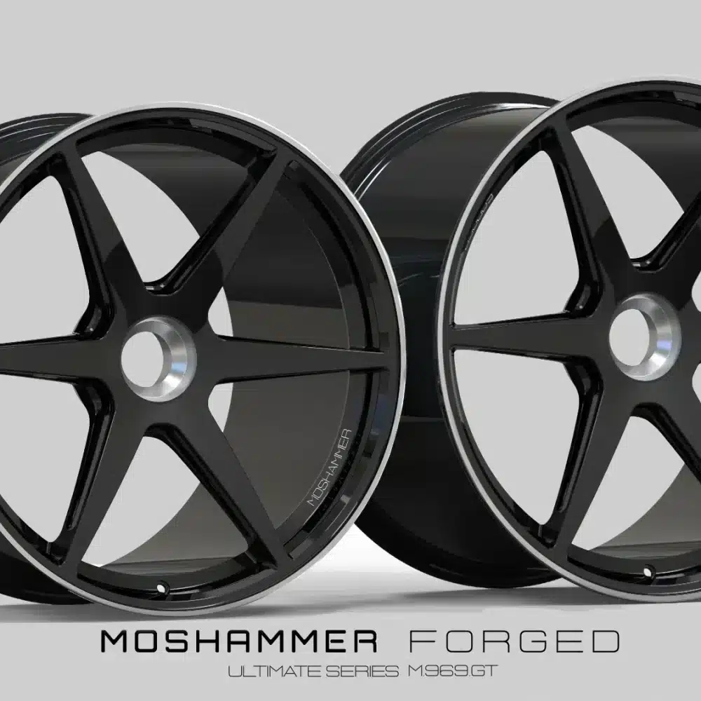 Moshammer Forged M969GT six spoke forged monoblock wheel in gloss black with machined lip