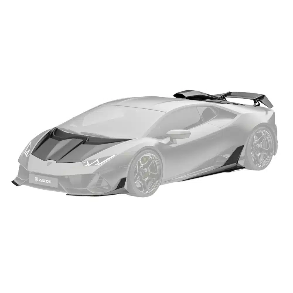 ZACOE Huracán Evo Aero Kit Installed on Matte Black Huracán Evo, Pieces Highlighted - Front Side View of Car