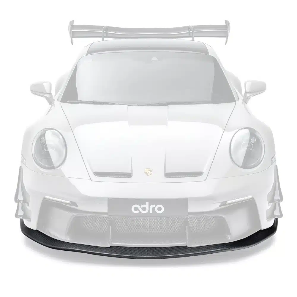 ADRO 992.1 GT3 ARD Front Splitter picked out in carbon against a ghosted white 911 GT3, front elevation