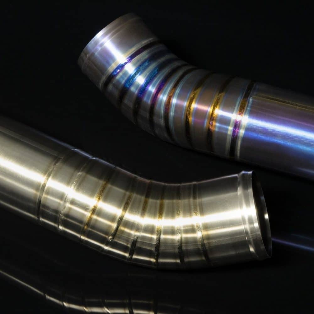 Boost Logic Upper Intercooler Pipes for R35 Nissan GT-R, raw and blued pipe detail