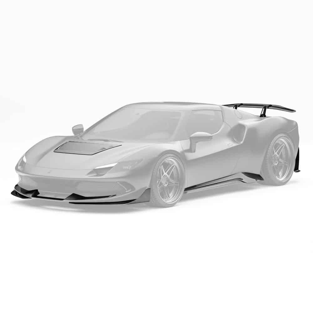 ZACOE 296 GTB Soft Kit with Rear Wing Version Installed on Matte Black 296 GTB, Pieces Highlighted - Front Side View of Car