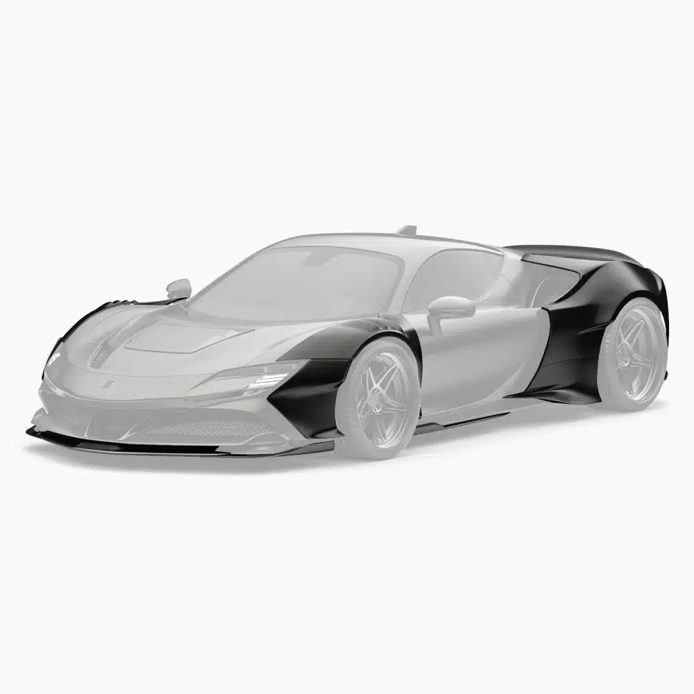 ZACOE SF90 Widebody Kit Installed on Matte Black SF90 Stradale, Pieces Highlighted - Front Side View of Car