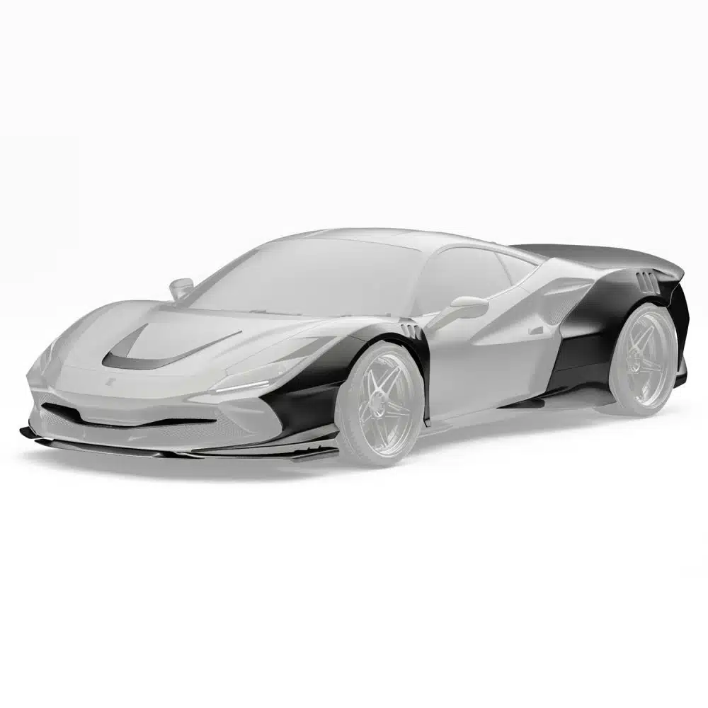 ZACOE Ferrari F8 Widebody Kit Installed on Matte Black F8 Tributo, Pieces Highlighted - Front Side View of Car