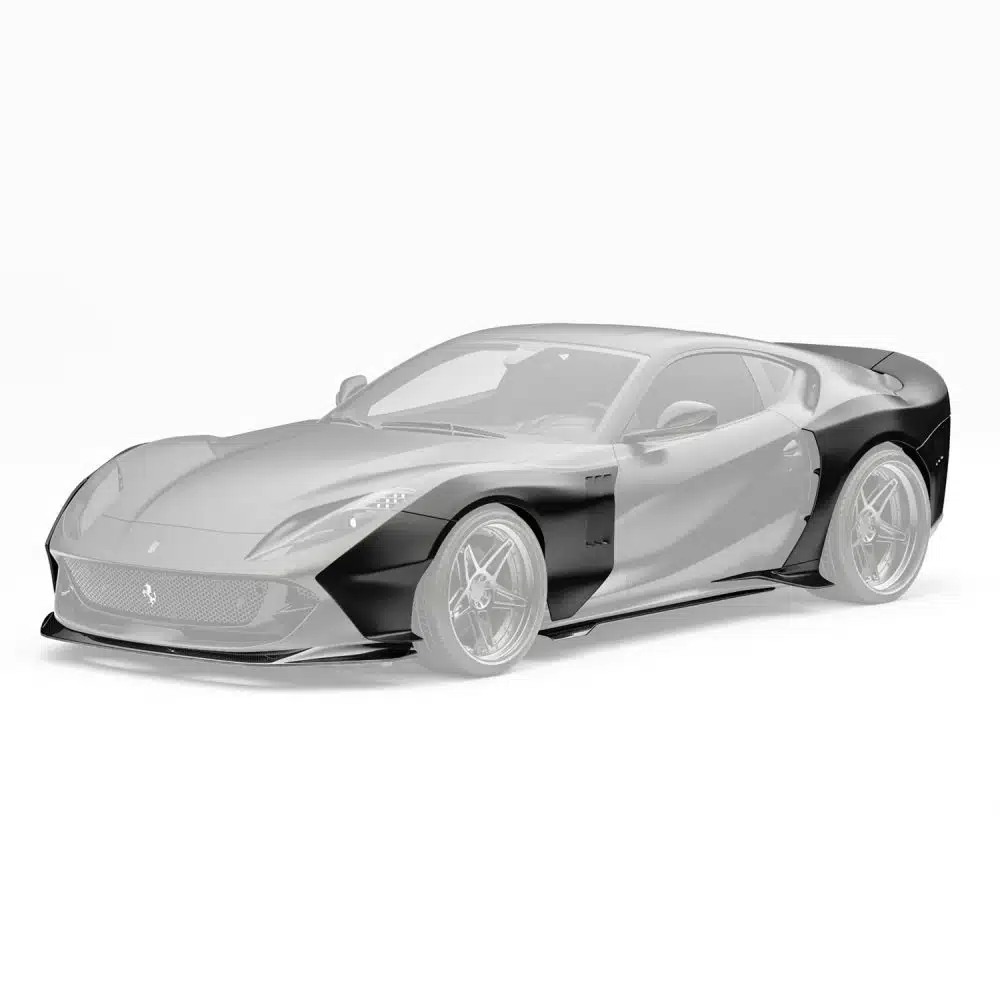 ZACOE Ferrari 812 Superfast Widebody Kit Installed on Matte Black 812 Superfast, Render, Pieces Highlighted - Front Side View of Car