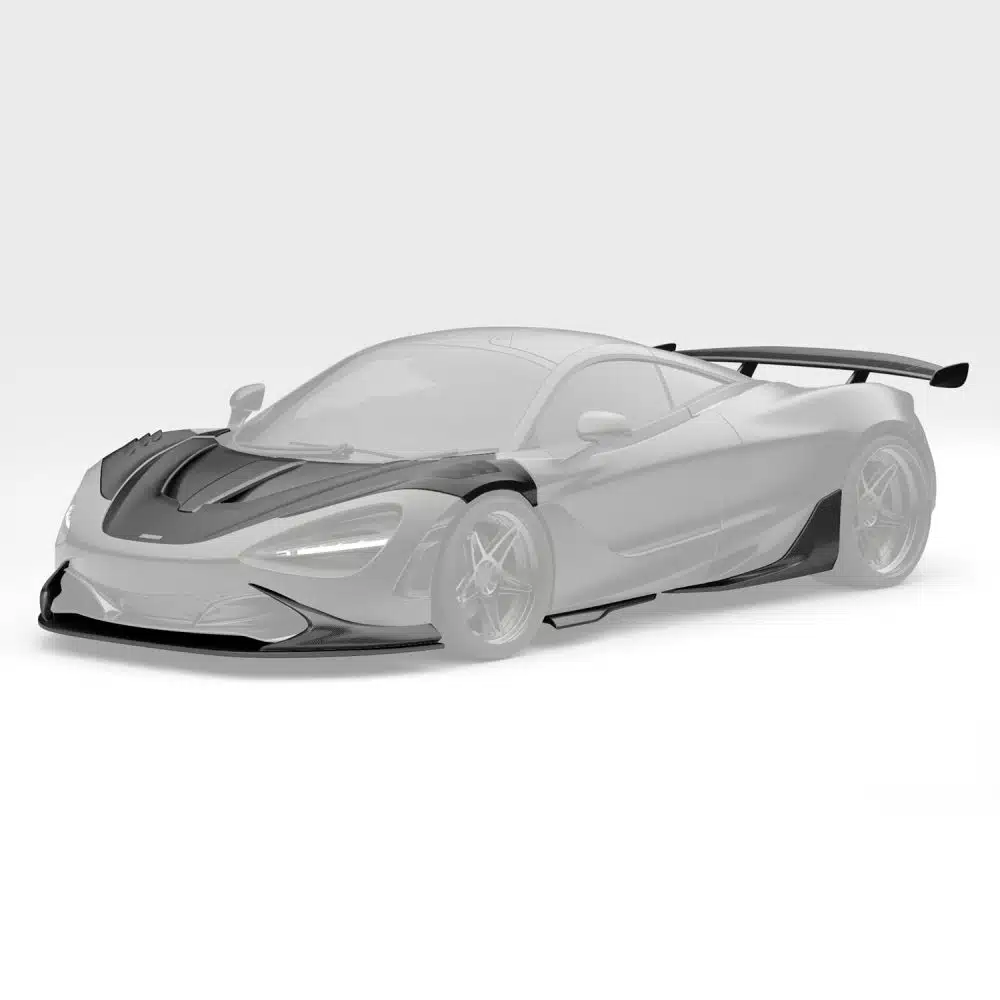 ZACOE McLaren 720S Soft Kit Installed on Matte Black 720S, Pieces Highlighted - Front Side View of Car