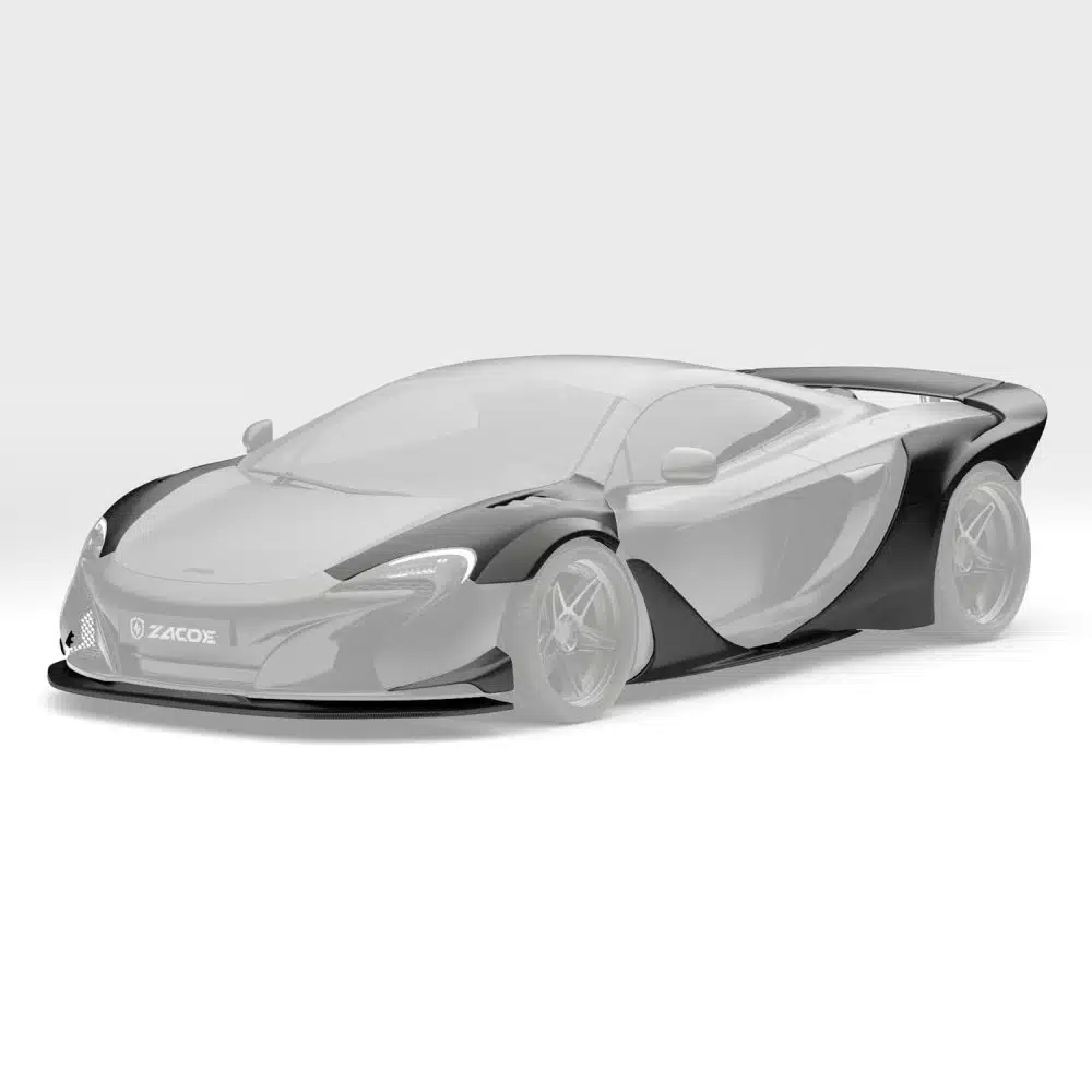 ZACOE McLaren 650S Nova Widebody Kit Installed on Matte Black 650S, Pieces Highlighted - Front Side View of Car