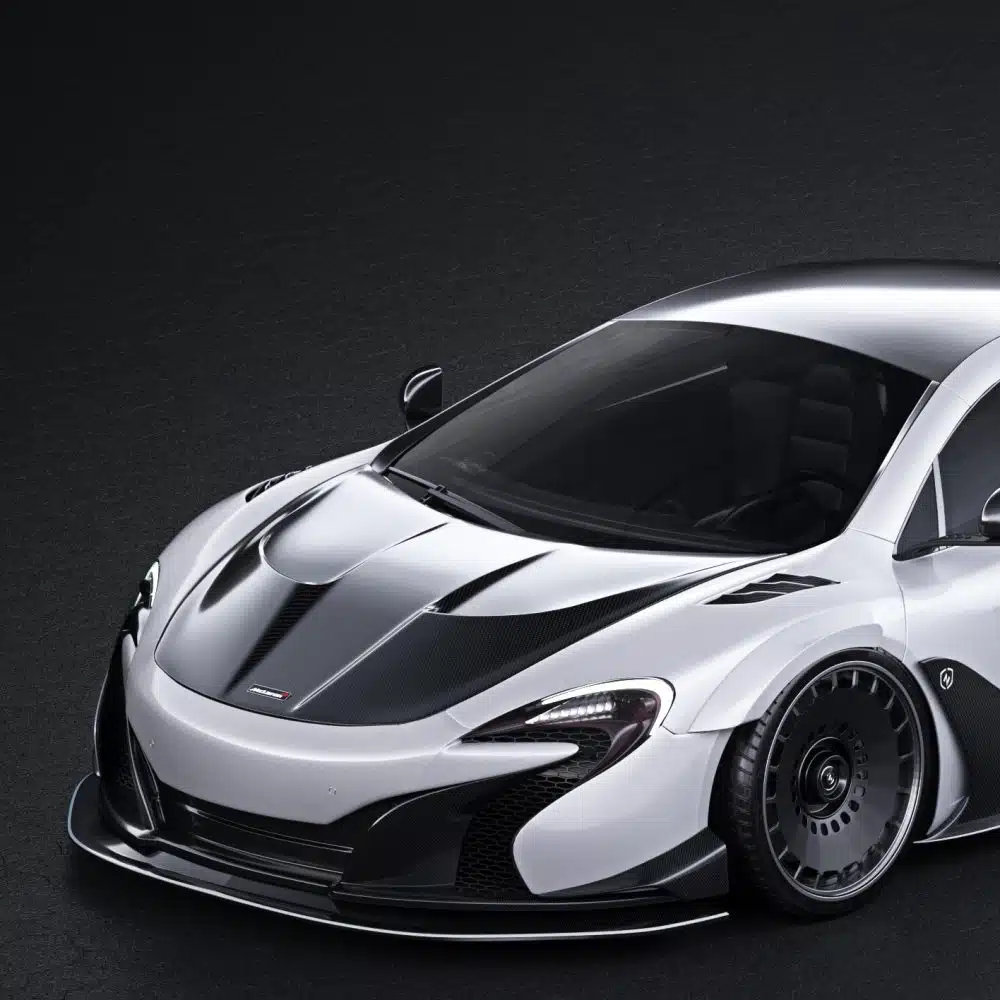 ZACOE McLaren 650S Front Hood Installed on White 650S, Rendering - Close Upper Front Side View of Car