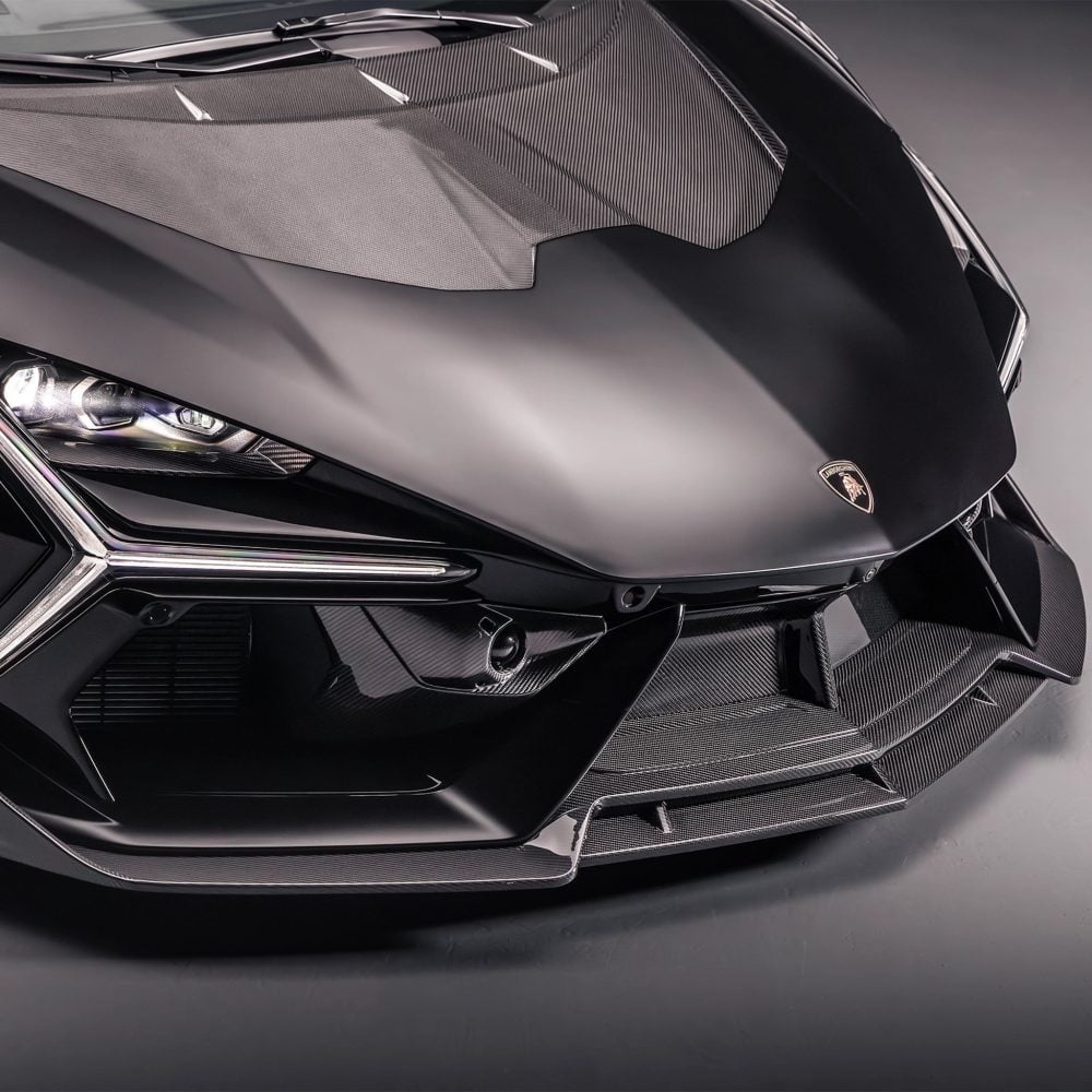 RYFT Carbon Fiber Front Air Dam Cover for Lamborghini Revuelto on the front bumper