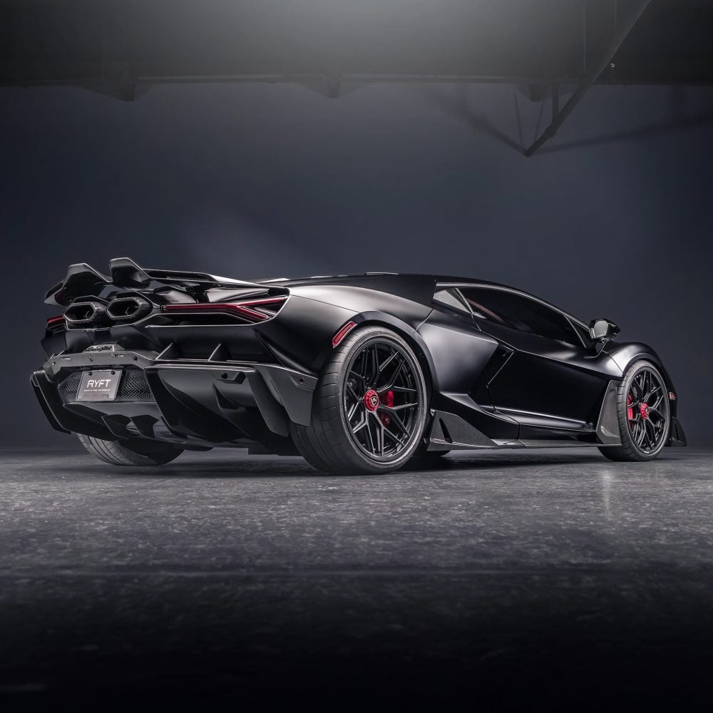 RYFT Carbon Fiber Rear Diffuser for Lamborghini Revuelto beneath the exhaust outlets