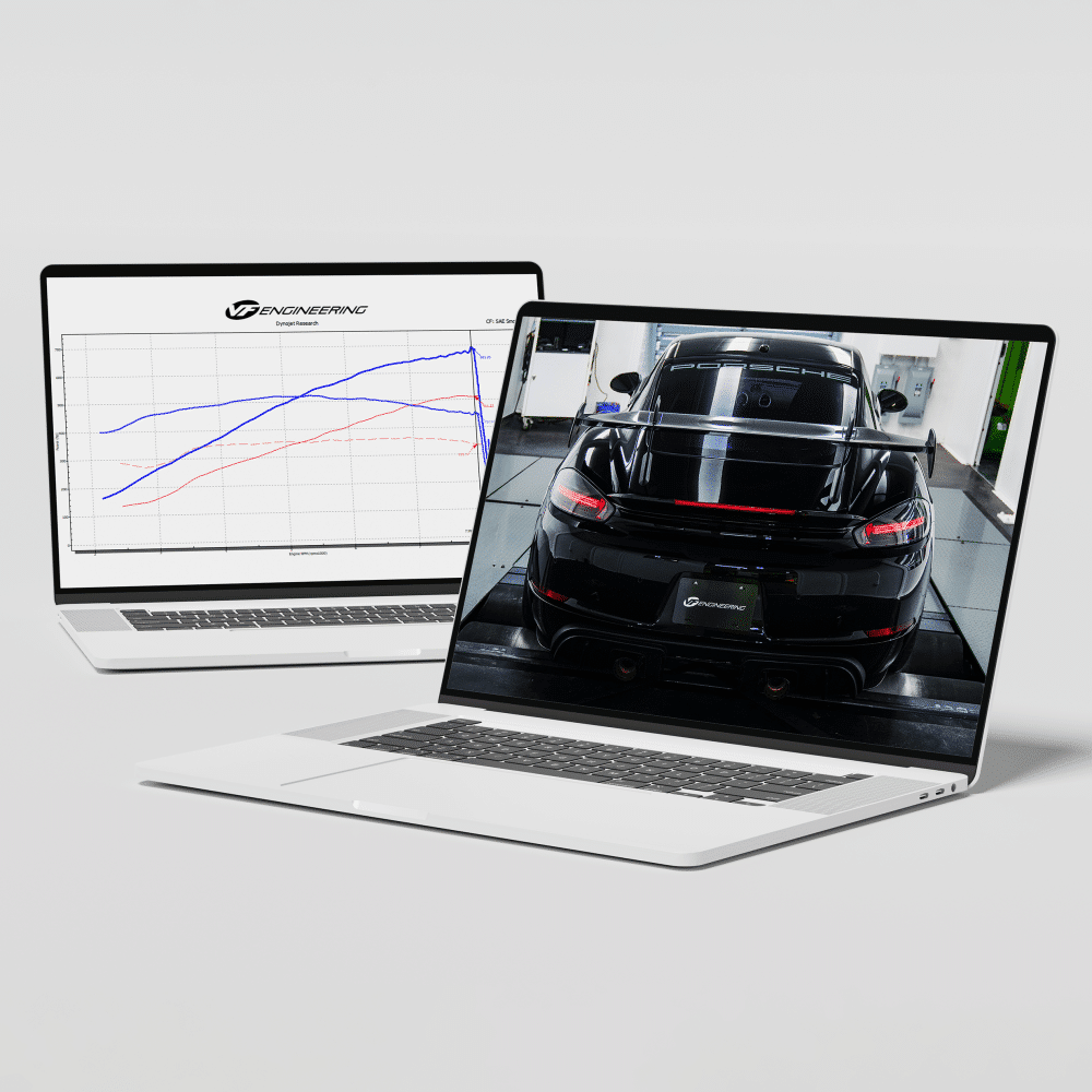 VF Engineering ECU Software for 982 Porsche 718 Cayman GT4 RS and Spyder RS, dyno graph and GT4 RS on the VF dyno